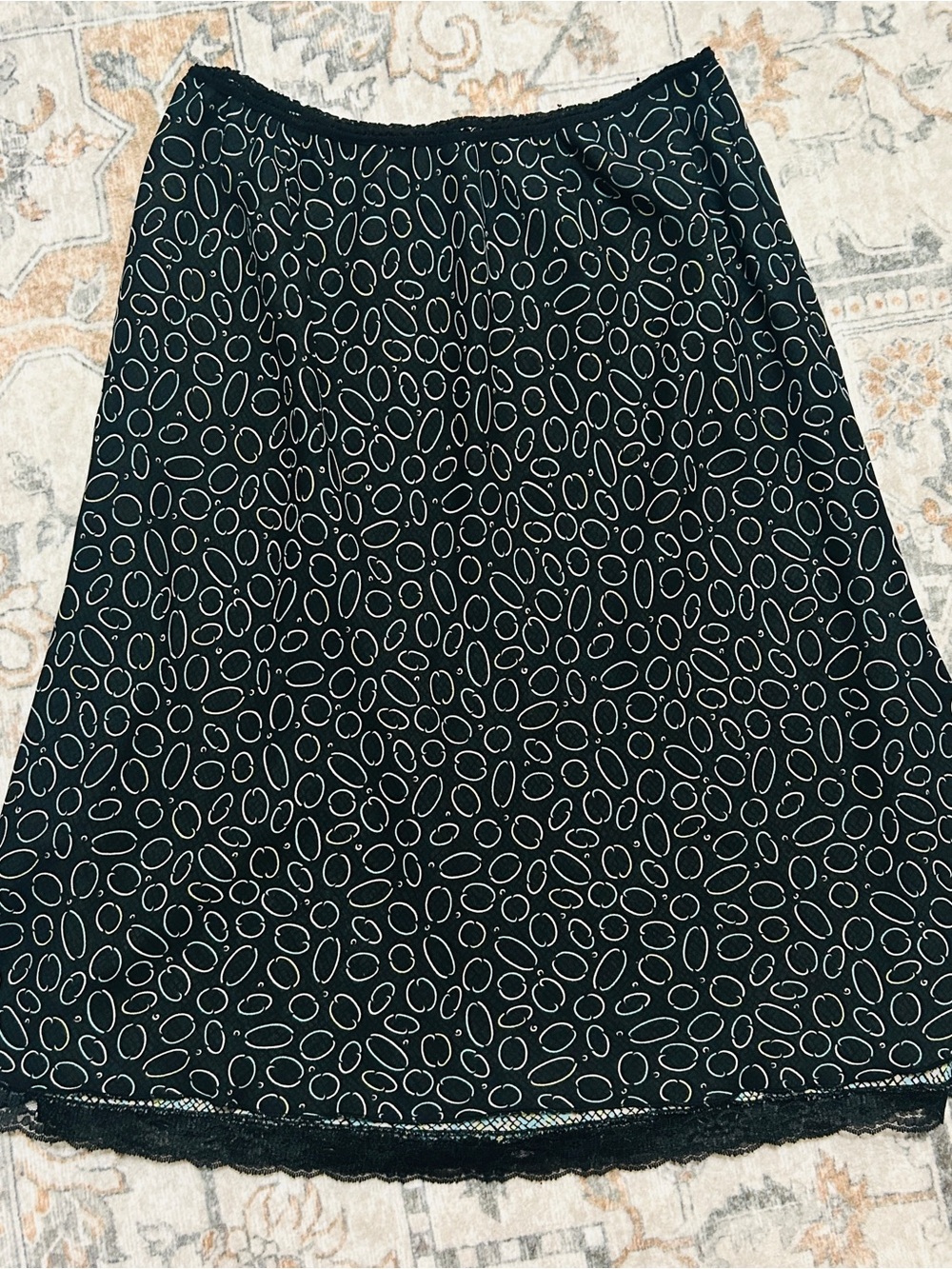 Reversible Black Circle-Print A-Line Skirt with Lace Trim